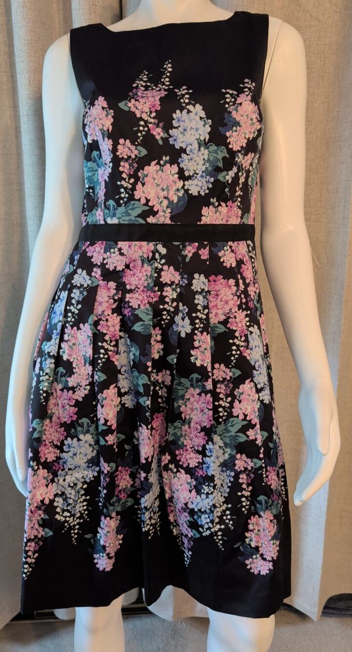 RSVP By Talbot's Black Floral A-Line Sleeveless Dress 6 Petite Pleated Back Zip
